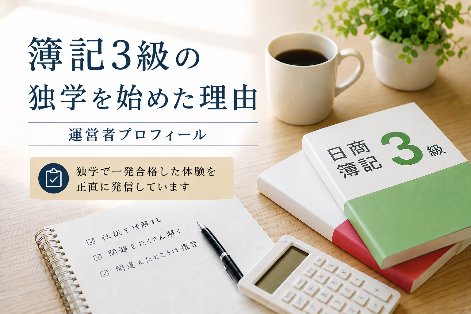 簿記3級の独学勉強をイメージしたデスク風景